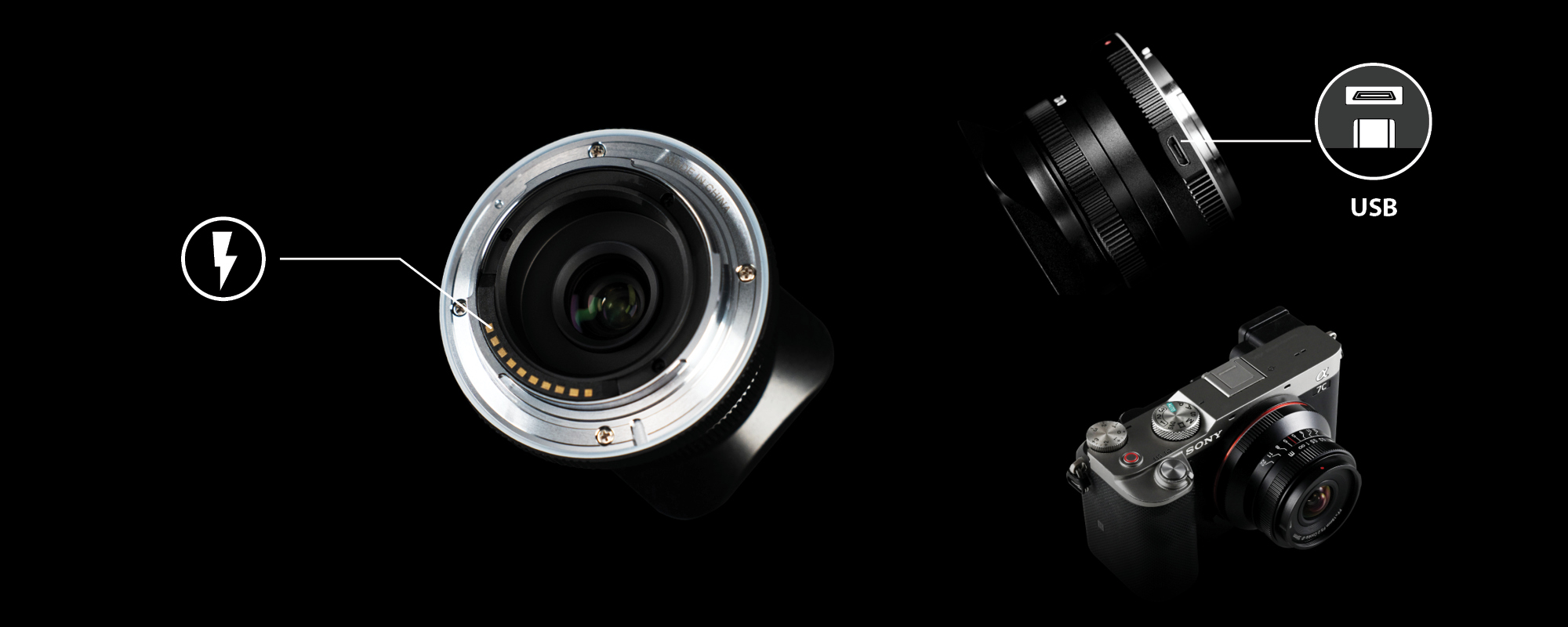 Obiektyw Laowa 15 mm f/5,0 FF Cookie do Sony E detale na styki i port USB